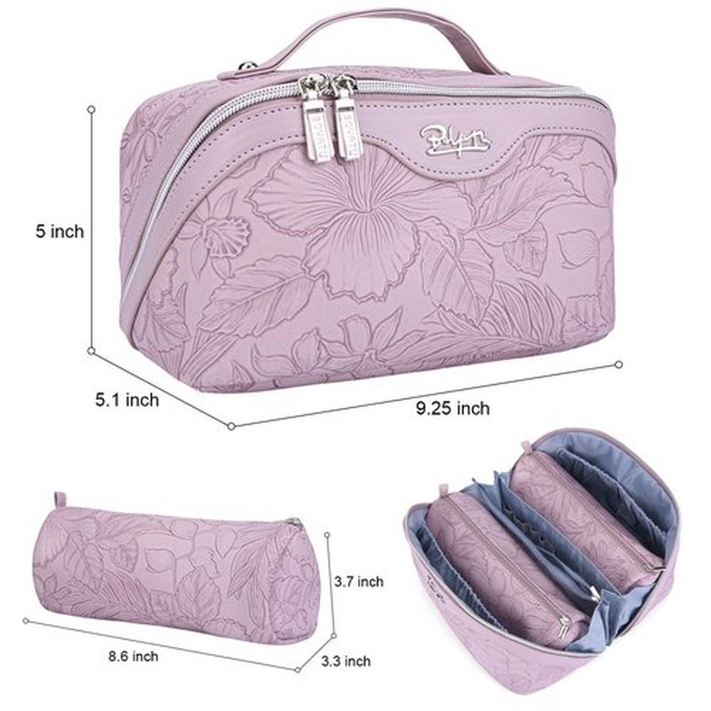 Travel Makeup Bags Cosmetic Organizer Bag: 3-Set Large Capacity Make up Bag - PU Leather Toiletry Bag for Women - Wide Open Portable Pouch with Divider & Handle (01-Z-Light Purple)