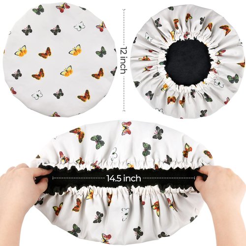 Shower Cap for Women Terry Lined Bath Cap Large Reusable Waterproof Elastic Band Butterfly Shower Caps for Long Thick Hair Soft Bath Shower Hair Caps