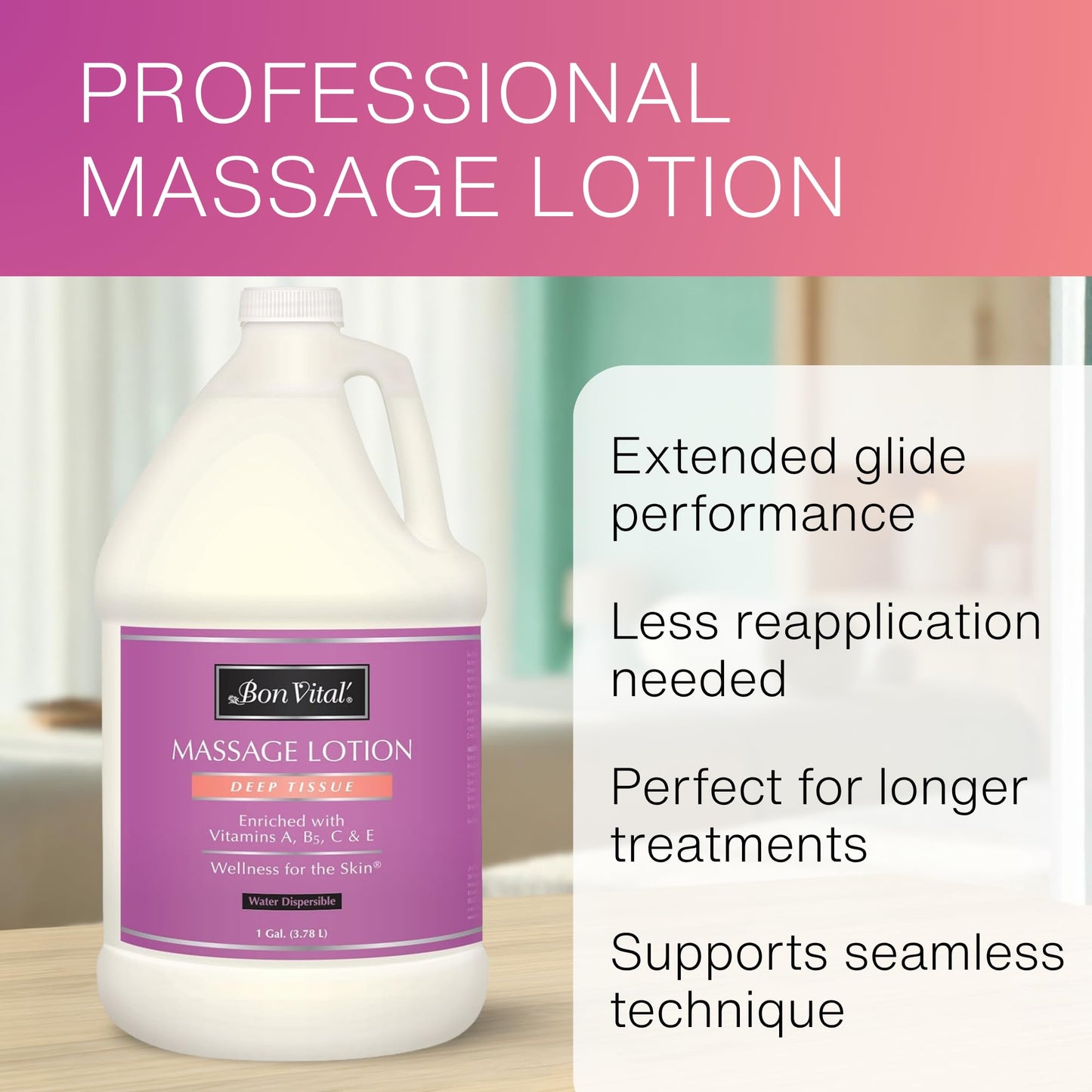 Bon Vital' Deep Tissue Massage Lotion, 1-Gallon, Professional-Grade Moisturizing Lotion for Deep Tissue Therapy, Non-Greasy Skin Softening Formula, Muscle Relaxation, Unscented