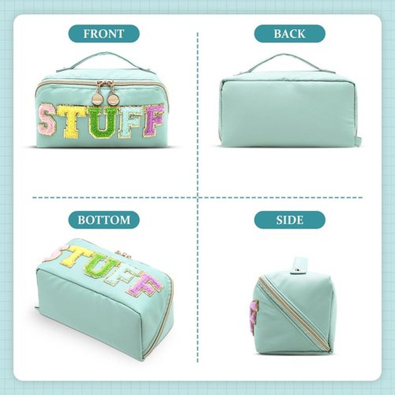 LONEDREAM Stoney Clover Preppy Makeup Bag, Large Capacity Travel Cosmetic Bag, Chenille Letter Open Flat Nylon Stuff Makeup Bag, Preppy Patch Better Belt Everything Makeup Bag, Green