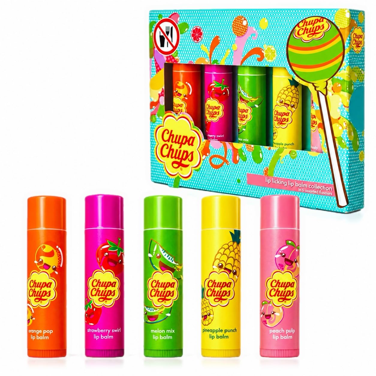 Chupa Chups Lip Balm Collection, 5 Assorted Fruit Flavors, Lip Licking Lip Balms Gift Set