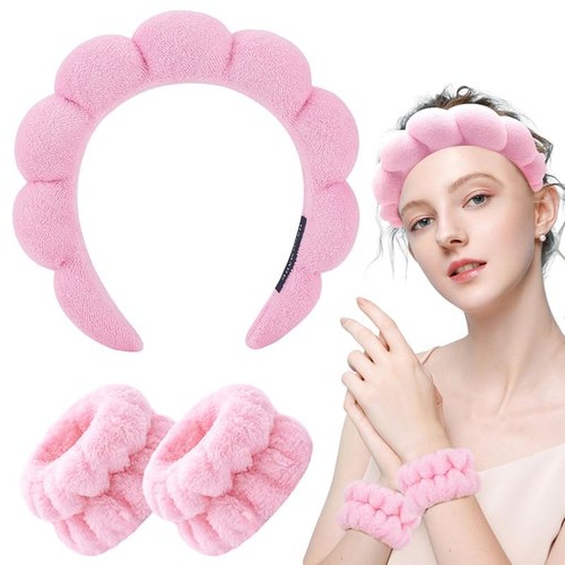 Zkptops Spa Headbands for Women Girls Sponge Cute Pink Makeup Skin Care Headband Wristbands Set for Washing Face Towels Bubble Soft Hairband Puffy Headwear Winter Non Slip Thick Thin Hair Accessory