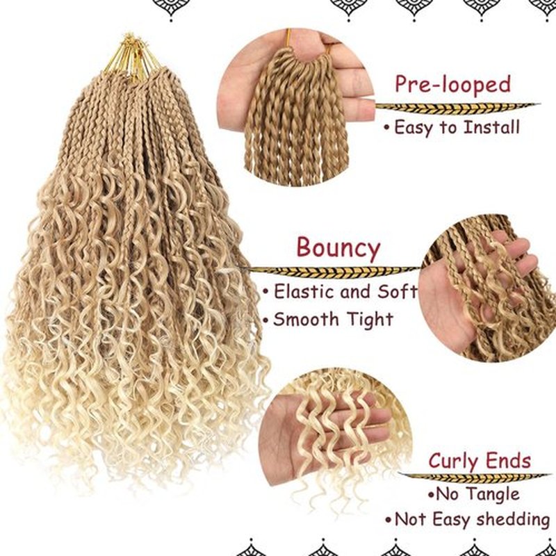 Beverlee Boho Box Braids 8 Packs Goddess Box Braids 14 Inch Bohemian Box Braids Crochet Hair Crochet Box Braids with Curly Ends Pre-looped Synthetic Crochet Hair for Black Women 128 Strands 27/613#