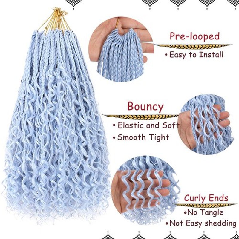 Beverlee 14 Inch Boho Box Braids 8 Packs Goddess Box Braids Crochet Hair Bohemian Hippie Braids Braiding Hair Box Braids with Curly Ends Messy Pre-looped Synthetic Crochet Hair for Women Light Blue#