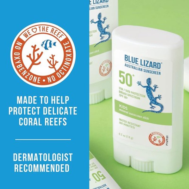 BLUE LIZARD Mineral Sunscreen Stick with Zinc Oxide SPF 50+ Water Resistant UVA/UVB Protection Easy to Apply Fragrance Free, Kids, Unscented, 0.5 oz (Pack of 2)