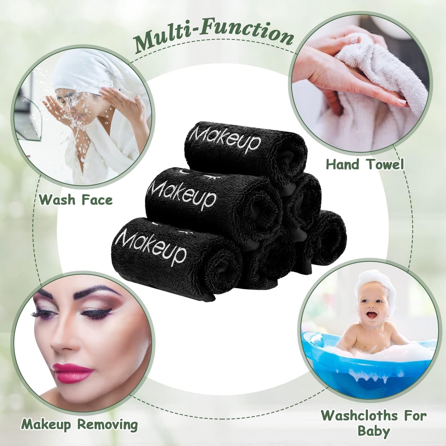 Vabean 50 Pcs Microfiber Black Makeup Washcloths for Face 13 x 13 Inches Makeup Remover Towels Reusable Absorbent Removers Face Wash Cloth with Embroidery for Women
