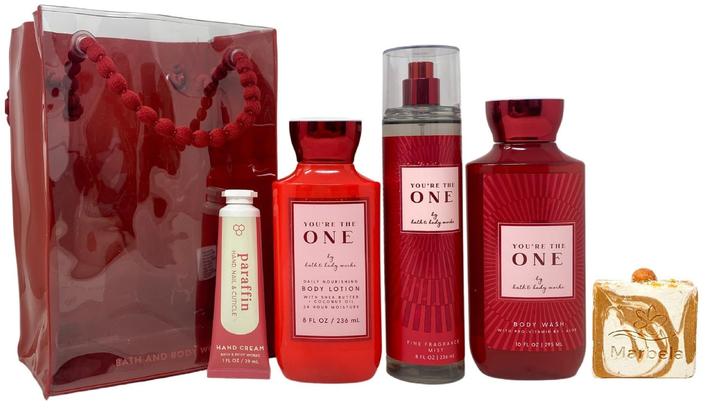 Bath & Body Works You're The One Gift - Body Wash - Body Lotion - Fragrance Mist and Paraffin Hand Cream - with a Peach Gardenia Bar Soap