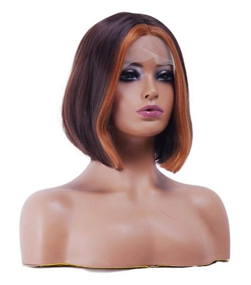 NJJYXH 14 Inches Brown Mixed Blonde Lace Front Wigs for Women Short Straight Bob Wig with Middle Part Synthetic Hair for Cosplay or Daily Use