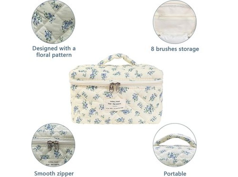 Large Travel Quilted Makeup Bag for Women,Big Floral Cotton Cosmetic Bag, Cute Coquette Aesthetic Floral Toiletry Organizer Bag (Blue Flower)