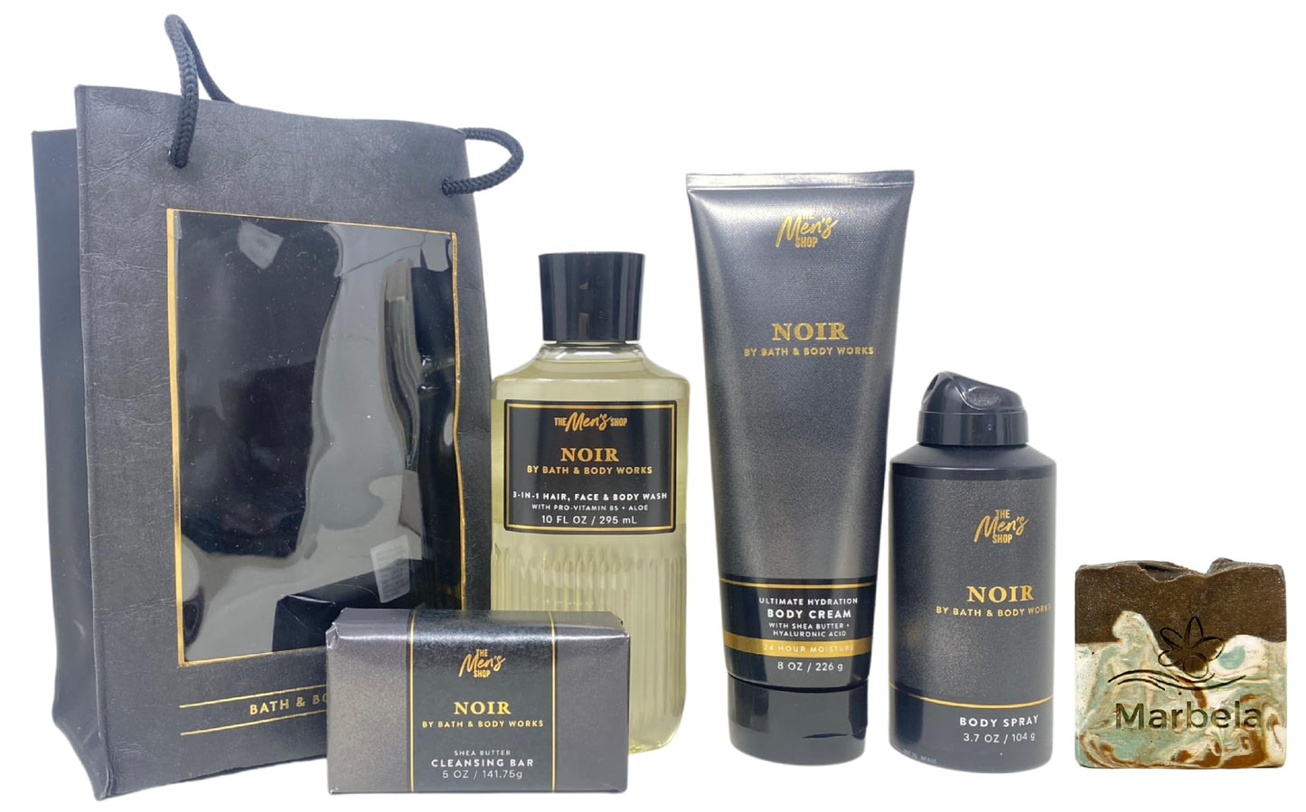 Bath & Body Works Men's Collection Noir Gift - Body Cream - 3-in-1 Hair, Face & Body Wash - Body Spray and Cleansing Bar - with a Cabin Spice Bar Soap