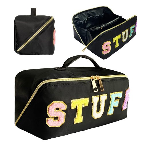 Stoney Clover Dupes Preppy Makeup Bag Black Stoney Clover Stuff Bag for Travel Chenille Letter Bag Large Capacity Travel Cosmetic Bag Nylon Pouch Lay Flat Makeup Bag Open Flat Varsity Letter Bag