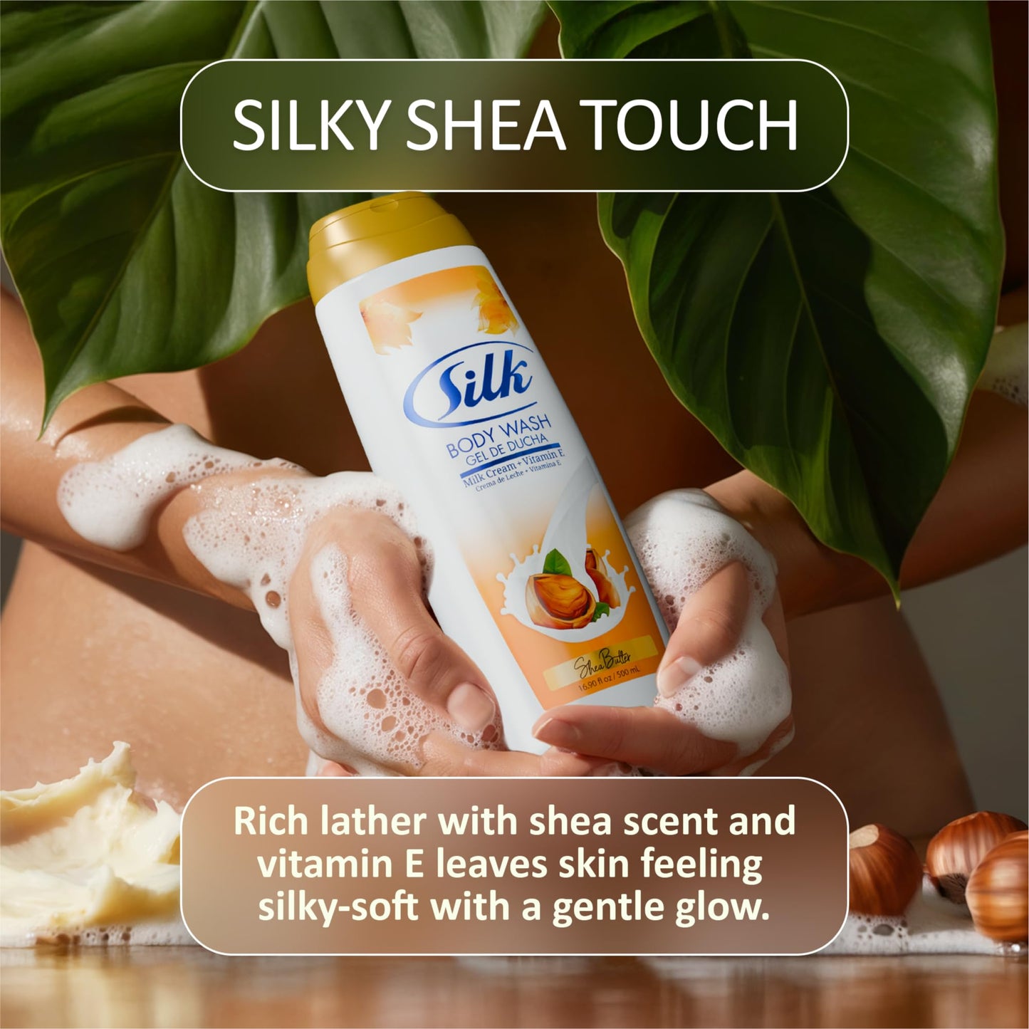SILK Moisturizing Body Wash for Woman & Man - Daily Hydrating Shower Gel and Foaming Cleanser with Vitamin E and Glycerin, Rich Lather for Dry Skin Care, Shea Butter Scent, 16.9 Fl Oz