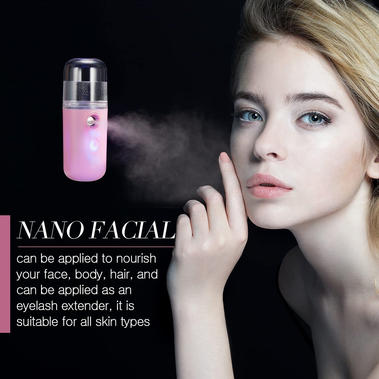 Honoson 2 Pack Nano Facial Mister Spray Bottle Handheld Humidifier Portable Face Mister for Eyelash Extensions USB Rechargeable 1 oz Mini Skin Care Machine for Daily Makeup(Black and Pink)