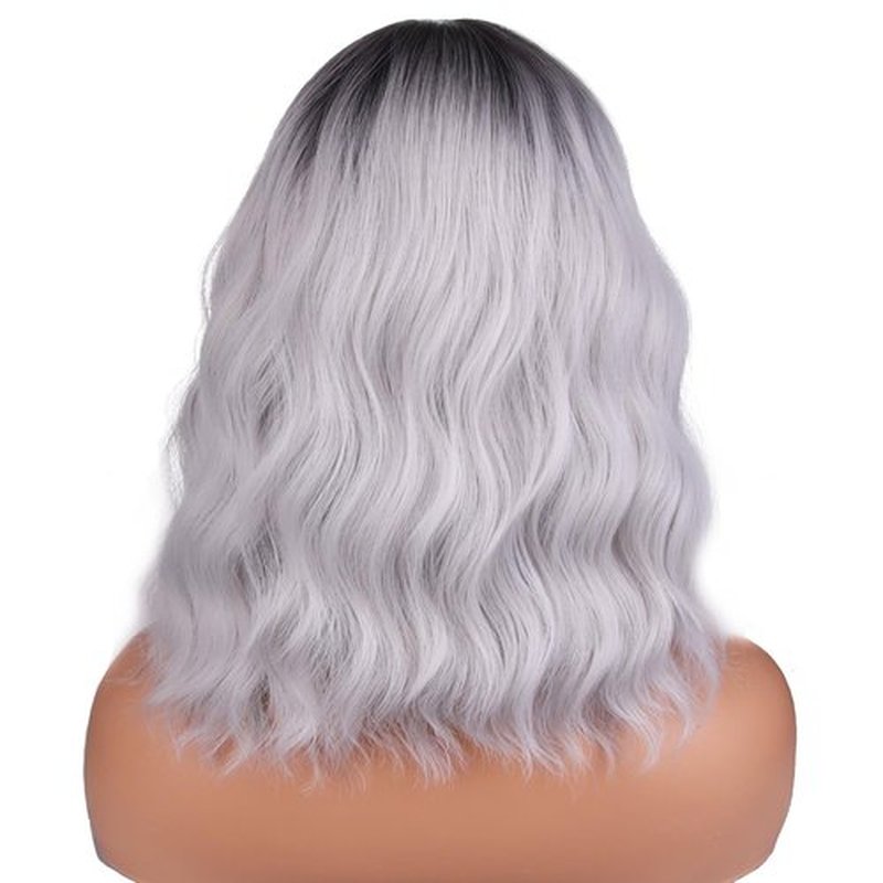 BERON 14 Inches Silver Wig for Women Silver Gray Wig Short Curly Synthetic Wig with Bangs Ombre Grey Wigs with Wig Cap