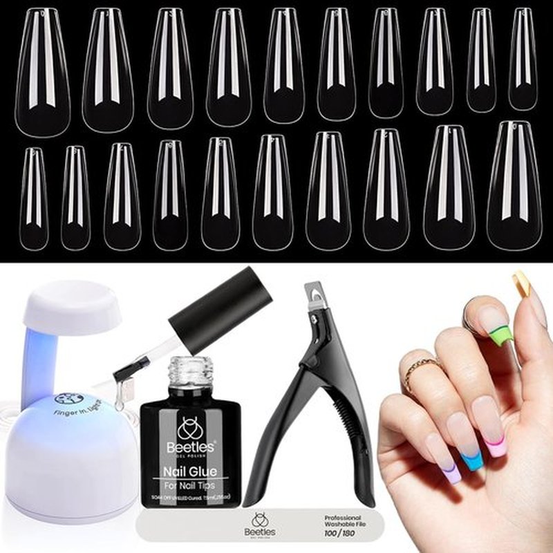 Beetles Gel Nail Kit Easy Nail Extension Set Beetles Gel X Pre shaped Long Coffin Soft Gel Nail Tips with 5 In 1 Nail Glue Gel Base Coat and Led Nail Lamp Acrylic Nail for Nail Art Diy Home Manicure