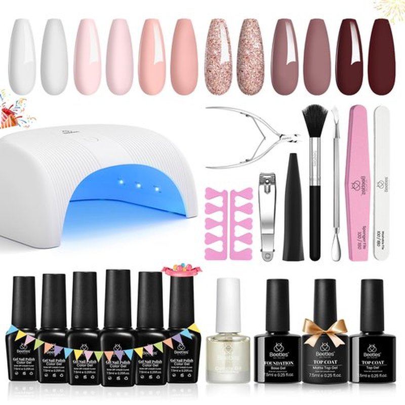 Beetles Gel Nail Polish Kit with Uv Light Starter Kit 6 Colors Soft Pink Nude White Gel with Base Gel Top Coat Cuticle Oils Nail Accessories for Girls Women Glitter Gel Polish Set Gift for Her