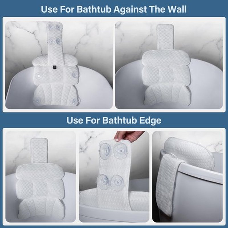 Bath Pillow Bathtub Pillow for Tub Luxury Bath Tub Pillows for Tub Neck and Back Support with Soft Mesh Fabric and 8 Strong Powerfull Non-Slip Suction Cups Relaxing Bath Accessories Spa Gifts, White