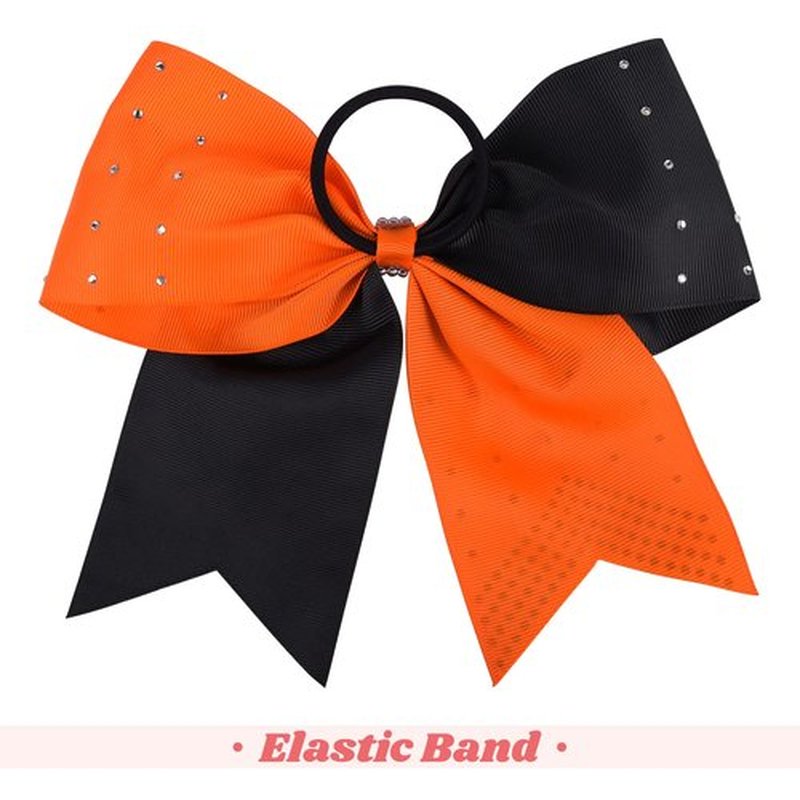DEEKA 10 PCS Rhinestones Two Toned Large Cheer Hair Bows 7" Glitter Cheer Ponytail Holder Handmade for Teen Girls Softball Cheerleader Sports -Orange/Black