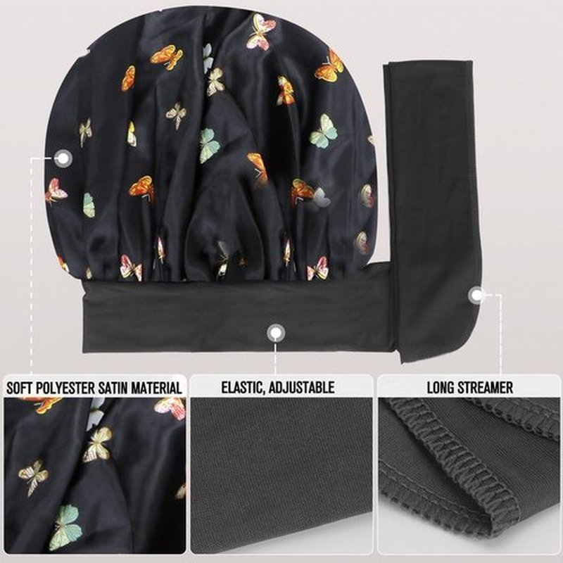 Arqumi Pack of 2 Satin Sleeping Bonnet, Large Satin Sleep Bonnet, Long Strap, Adjustable Sleep Cap Hair Bonnet, Butterfly Pattern Black+Yellow