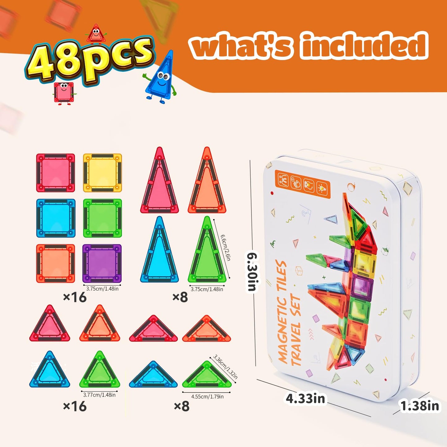 ZNZ Mini Magnetic Tiles 48PCS Travel Set with Case, Portable Magnetic Blocks Building Toys, Montessori Preschool Classroom Must Haves Sensory STEM Toys, Birthday Gift for Boys Girls Ages 3-8
