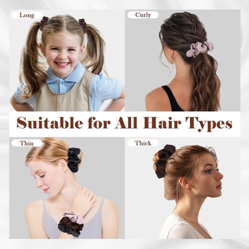 Gwabee 9 Pack Satin Hair Scrunchies for Women, Soft Scrunchie Hair Ties No Damage - Ideal Ponytail Holders for Curly Thick Hair, 3 Sizes Scrunchies Accessories Set for Women Girls-Black, Brown, Purple