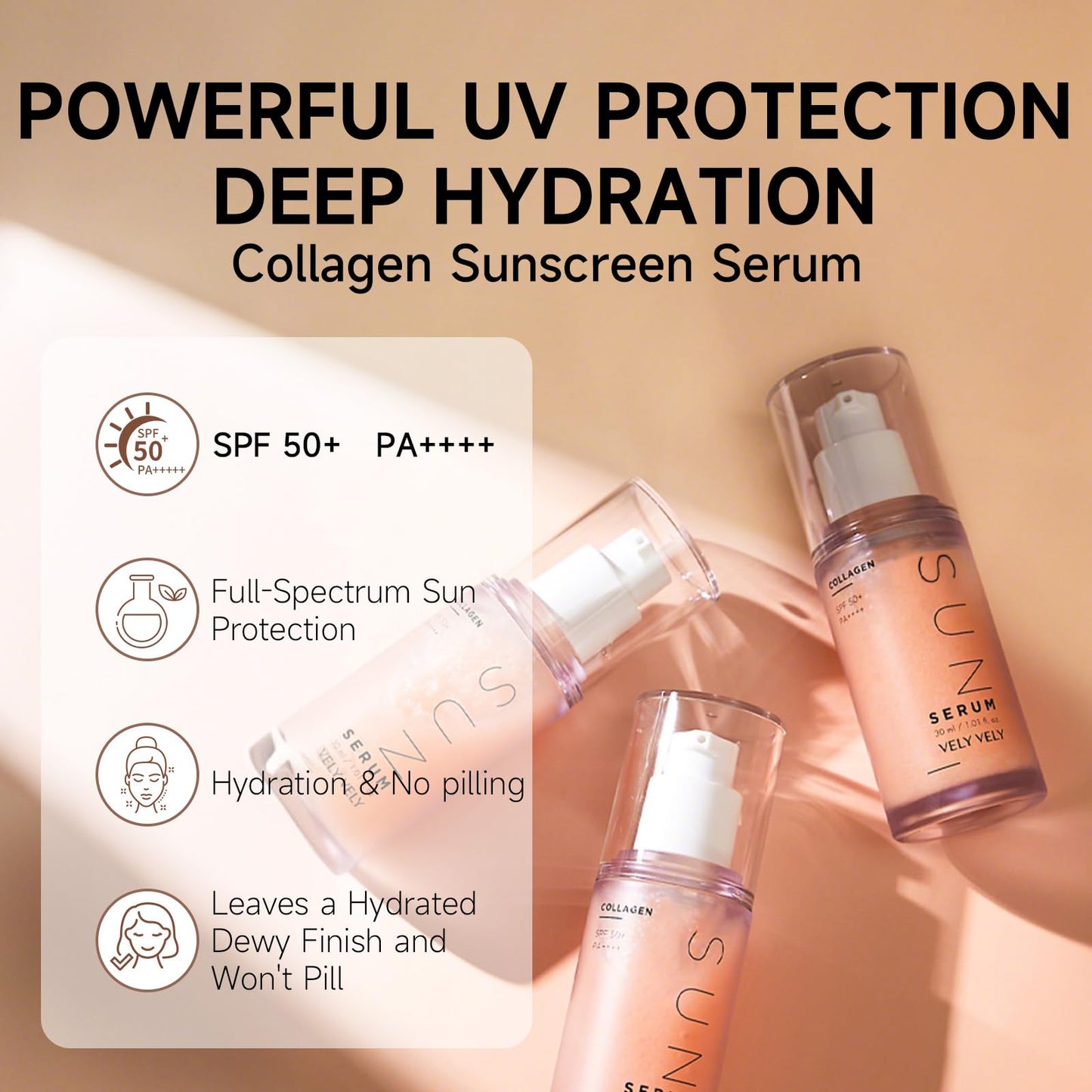 VELY VELY Collagen Sunscreen Serum SPF 50+ PA++++, Broad Spectrum Face Sunscreen Lightweight, Non-Sticky, No-Pilling Hydrating Formula for Sensitive Skin 30ml/1.01 oz