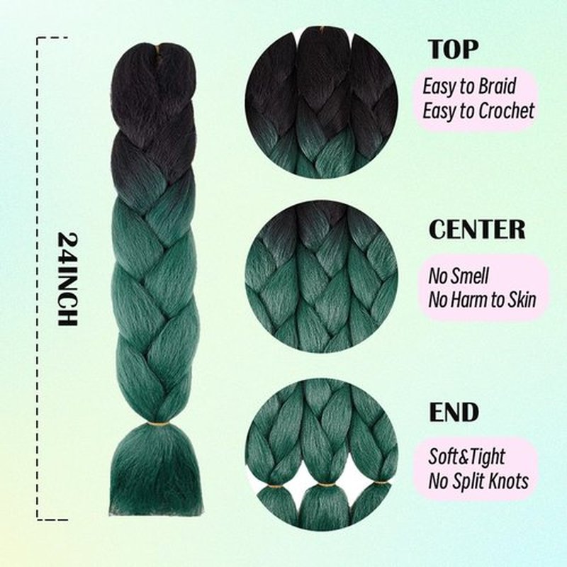 Jumbo Braiding Hair Fiber Silky Colorful Twist Braiding Hair 3pcs Black Green Colors Extensions Synthetic Hair Black Green Synthetic Fiber Soft Healthy (24 Inch 3pcs)