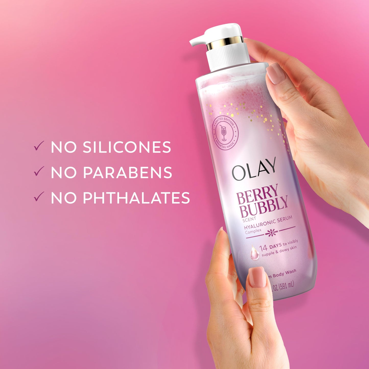 Olay Body Wash for Women, Intensely Hydrating, Pro-Hyaluronic Acid Serum Complex, Renews Moisture, Vitamin B3 Lameller Technology, For All Skin Types, Berry Bubbly Scent, 20 fl oz