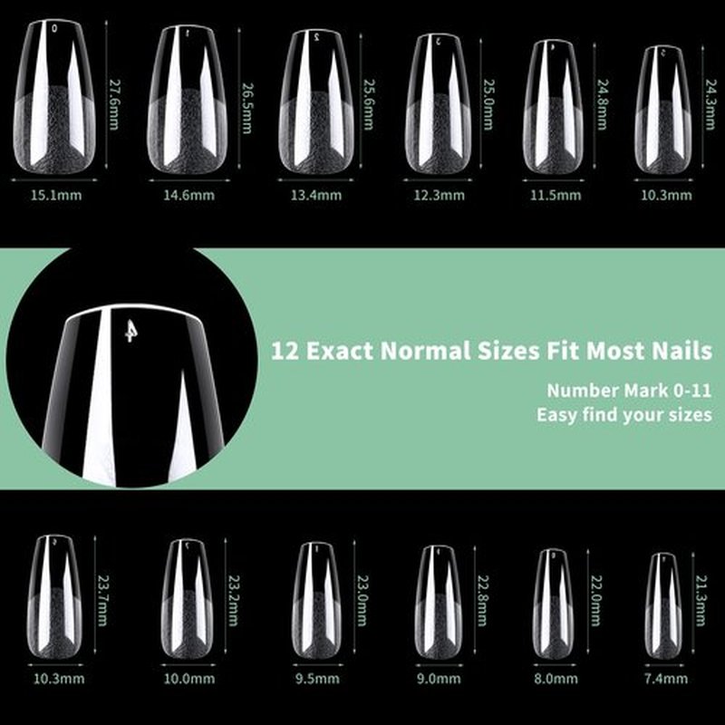 Medium Coffin Nail Tips, 216pcs Acrylic Ballerina Fake Nails Soft Gel X Nail Tips, Full Cover Pre-Shaped Matte Clear Press on Nails for Extension, Diy at Home Manicure 12 Sizes