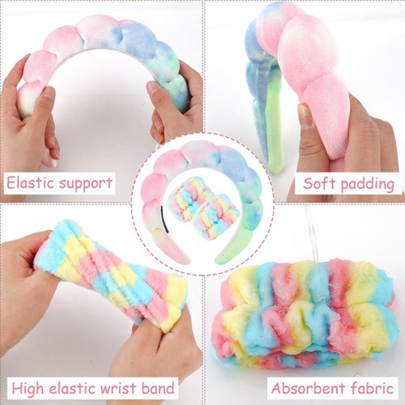 Zkptops Spa Headband for Washing Face Wristband Set Sponge Makeup Skincare Velvet Fabric Bubble Soft Get Ready Hairband for Women Girl Puffy Padded Headwear Non Slip Thick Hair Accessory(Tie Dye 2)