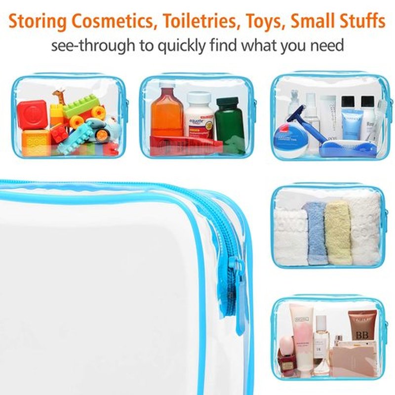 Packism Clear Makeup Bag - Waterproof TSA Approved Toiletry Bag Quart Size Bag, Clear Makeup Bags with Zipper Travel Cosmetic Bag, Carry on Airport Airline Compliant Bag, 3 Pack, Blue
