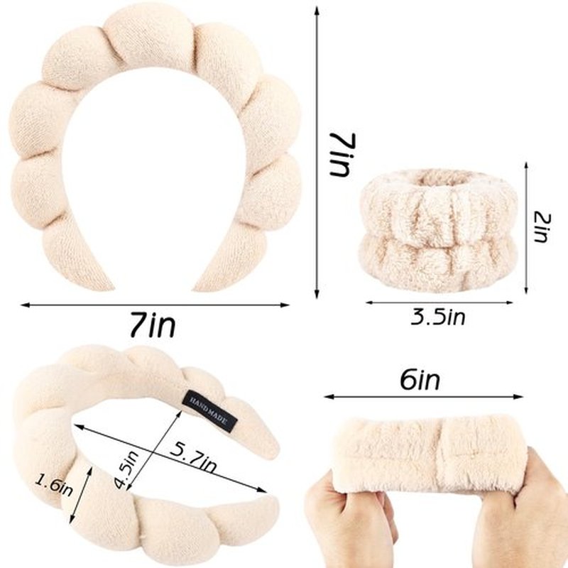 Zkptops Spa Headband for Women Sponge Makeup Skincare Headband Washing Face Wristband Set Terry Cloth Bubble Soft Get Ready Hairband Puffy Padded Headwear Non Slip Thick Hair Accessory (Apricot)