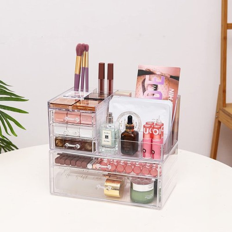 Cq acrylic 2 Pack Clear Make Up Organizers for Vanity,Stackable 5 Drawers Make Up Organizer,Cute Desk Organizer for Vanity Jewelry,Hair Clip,Beauty,Skincare Product Dresser Acrylic Drawer Organizer