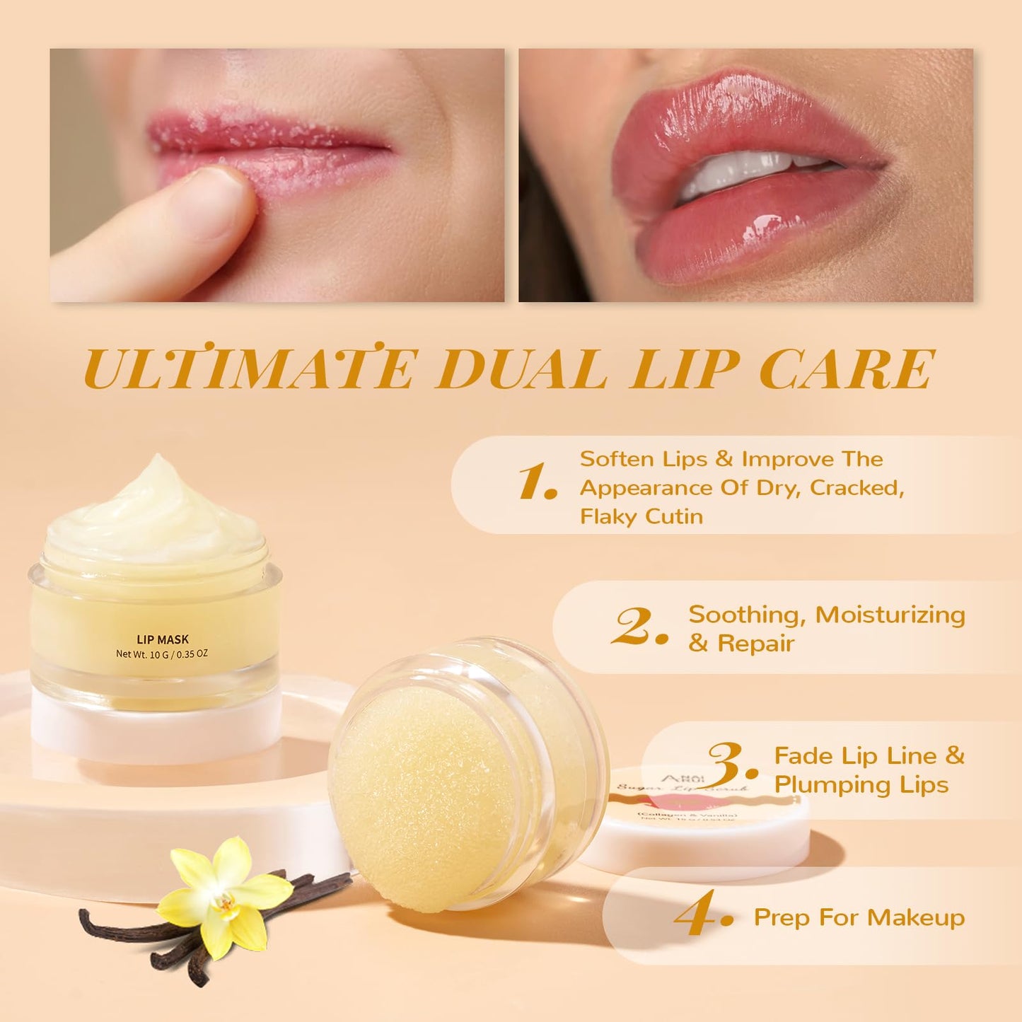 ANAI RUI Lip Mask and Scrub Set, Lip Sleeping Mask & Lip Exfoliator Scrub for Exfoliating, Lip Overnight Treatment, Lip Care Gift Kits for Dry, Chapped & Dark Lips, Holiday Gifts For Girls, Vanilla