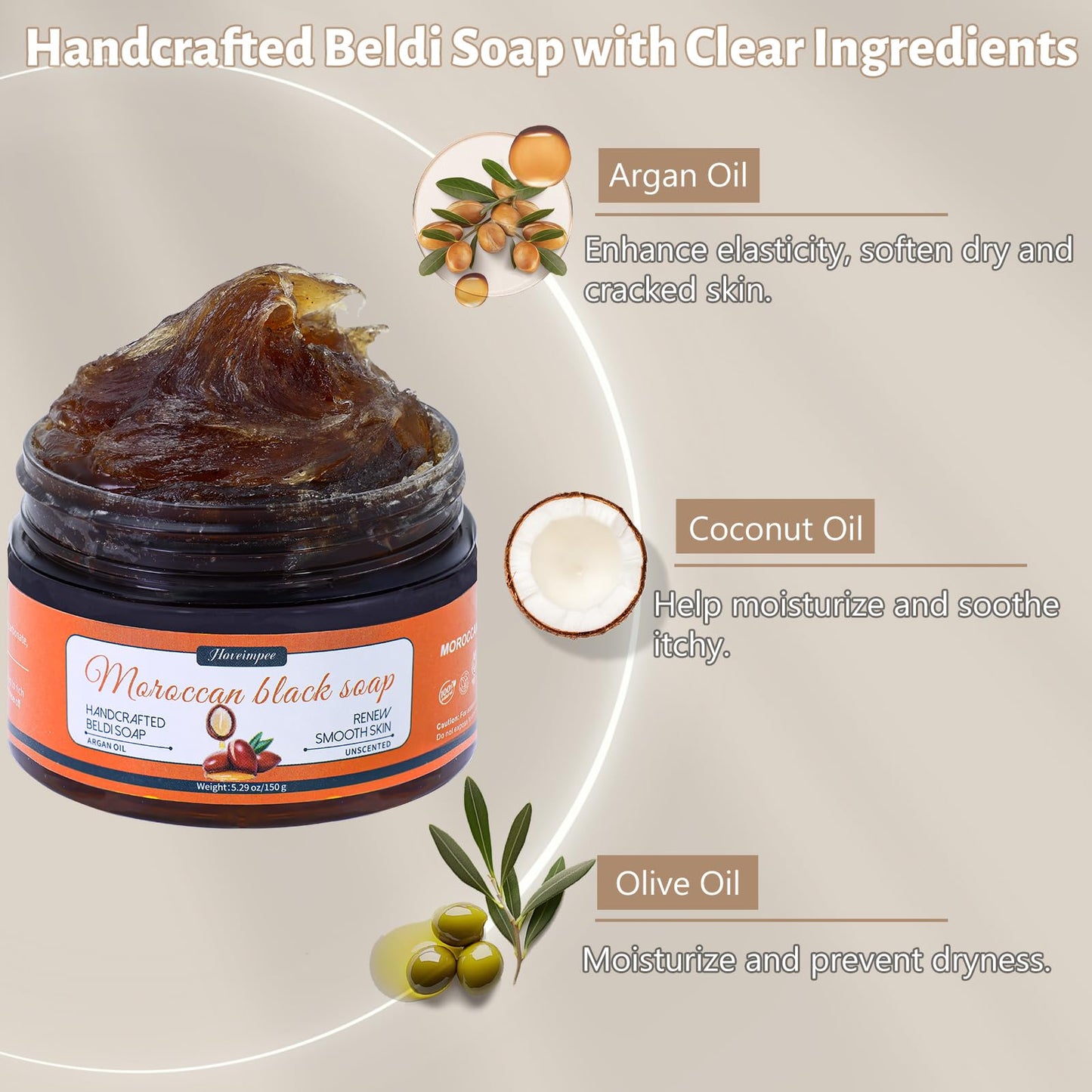 Hoveimpee 2 Pack Organic Moroccan Black Soap Soften Skin, Moisturizing Beldi Soap with Argan Oil and Vitamin C Even Tone, Moroccan Hammam Kit, Fragrance Free, 5.29 oz/150 g