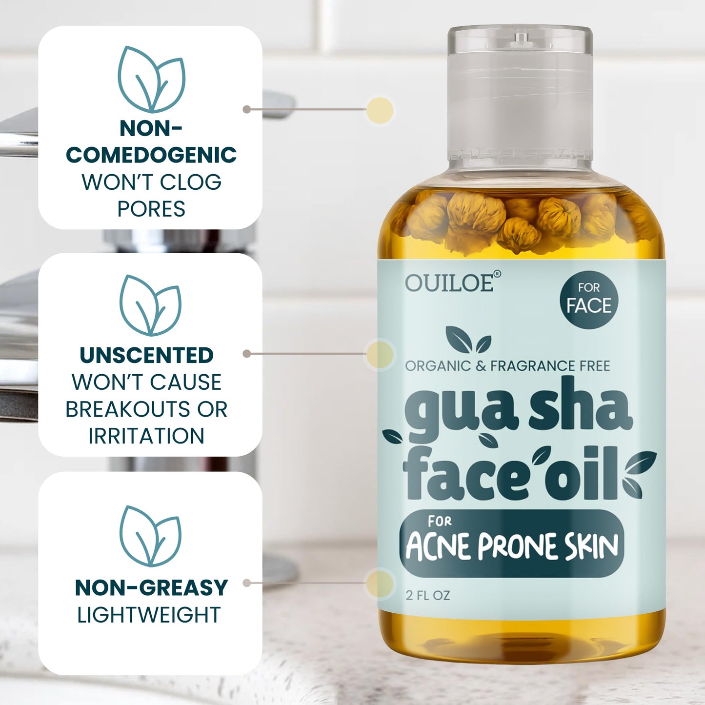 Gua Sha Facial Oil for Acne Prone Skin - Non Comedogenic Face Oil for Gua Sha - Non Greasy Face Massage Oil - Unscented, Lightweight, Natural and Non Irritating, 2oz by Ouiloe