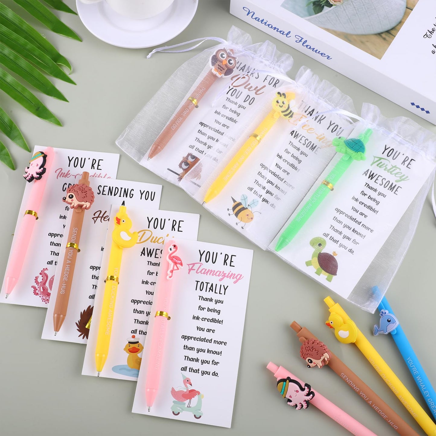BESARME 30 Sets/90 Pcs Employee Appreciation Gifts Bulk For Coworkers Staff Thank You Gifts Teacher Appreciation Gift Funny Animals Pen with Motivational Card and Bags for Office