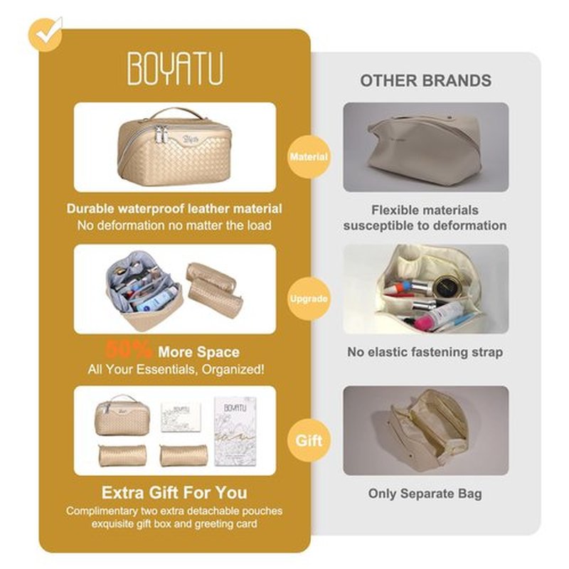 Travel Makeup Bags Cosmetic Organizer Bag: Large Capacity Make up Bag Set of 3 - Vegan Leather Toiletry Bag for Women - Portable Makeup Organizer with Compartments & Handle & Divider (04 Gold)