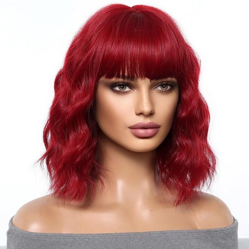 MAGQOO Wine Red Wigs for Women Burgundy Bob Wigs with Bangs Shoulder Length Curly Wavy Dark Red Wigs for Girls Costume Cosplay Halloween Wigs with Wig Cap