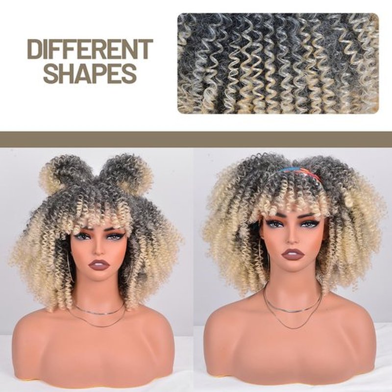 Afro Bomb Curly Wigs with Bangs 12 Inches Heat Resistant African Wig Bouncy Fluffy about 280g/Piece Short Kinky Curly Synthetic Hair Wig for Black Women (Black to Blonde)