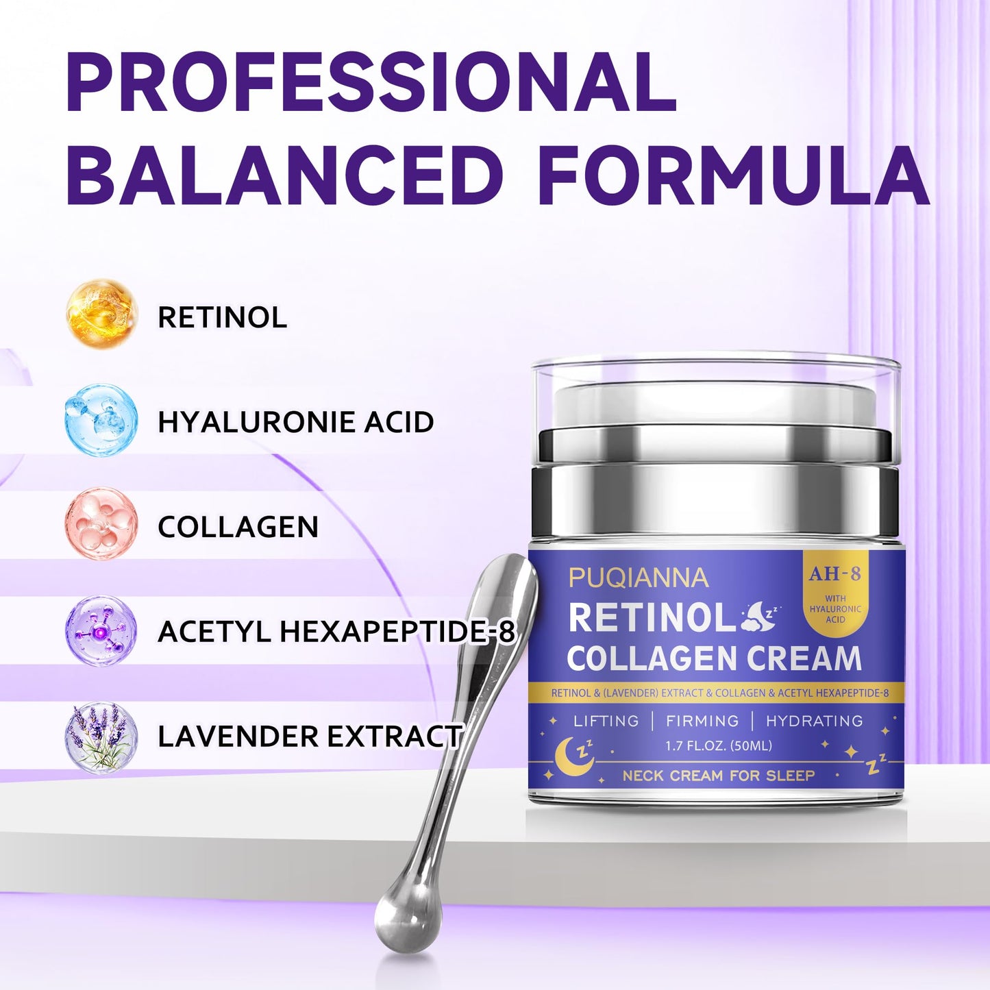 Neck Cream Firming and Tightening with Retinol and Peptide Anti Wrinkle Cream for Women Overnight Treatment Infused with Collagen Hyaluronic Acid and Lavender Extract for Calming Night Care