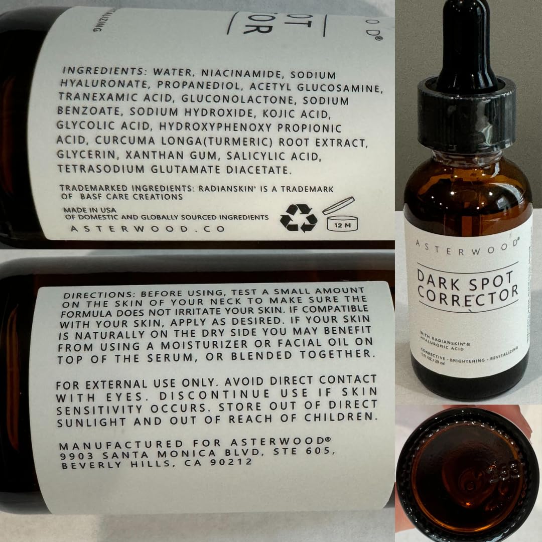 Asterwood Dark Spot Corrector for Face Serum - with Radianskin - with Tranexamic Acid, Kojic Acid, Glycolic Acid, & Salicylic Acid - 1 Fl Oz