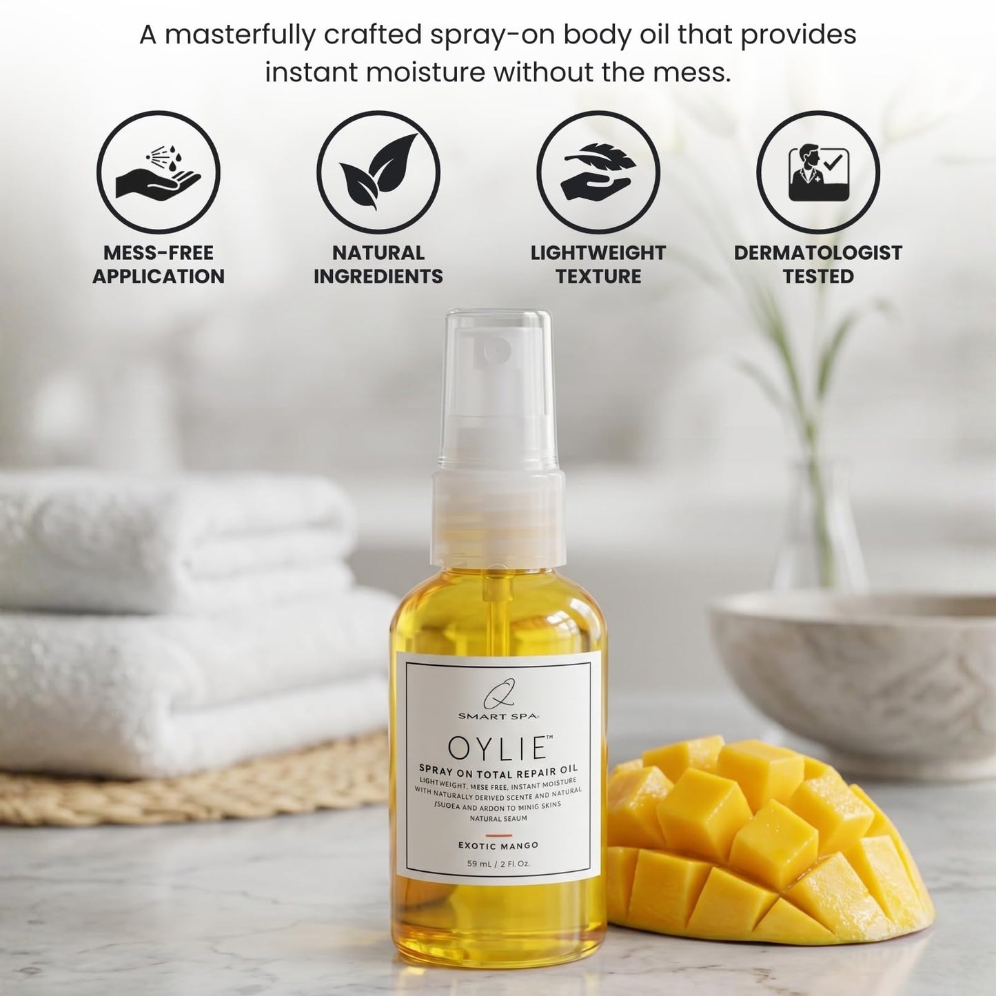 QTICA Oylie Spray On Total Repair Body Oil | Lightweight Spray Oil with Natural Jojoba & Argan Oil for Instant Moisture, Smooth Finish Deep Hydration for Soft Supple Looking Skin 2oz (Exotic Mango)