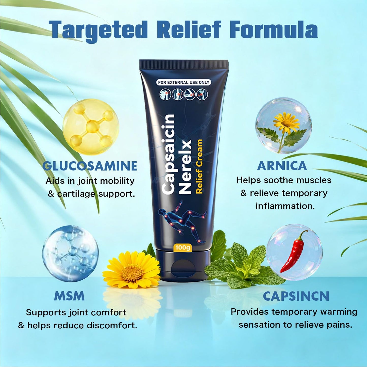 QYGCHUSIN Capsaicin Neuropathy Relief Cream with Arnica, Menthol, MSM & Glucosamine, Soothing Cream for Feet, Hands, Legs, Joints, Waist & Muscles, 100g,1pack