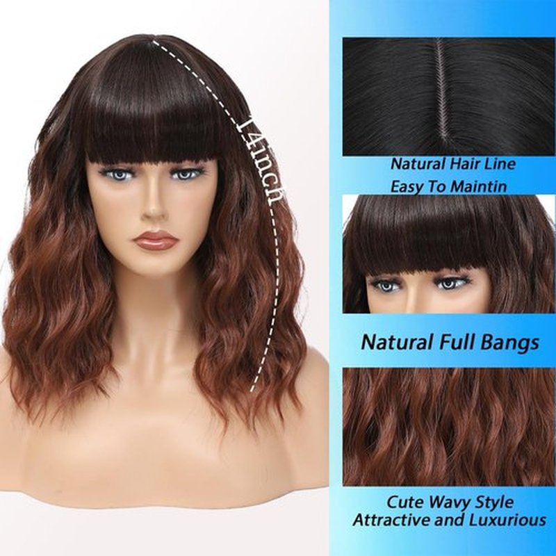 Short Wavy Auburn Wig with Bangs 14inch Ombre Auburn Wigs for Women Short Curly Bob Wigs Synthetic Natural Looking Hair Replacement Wigs Costume Cosplay Halloween Wig(14'' Ombre Auburn)