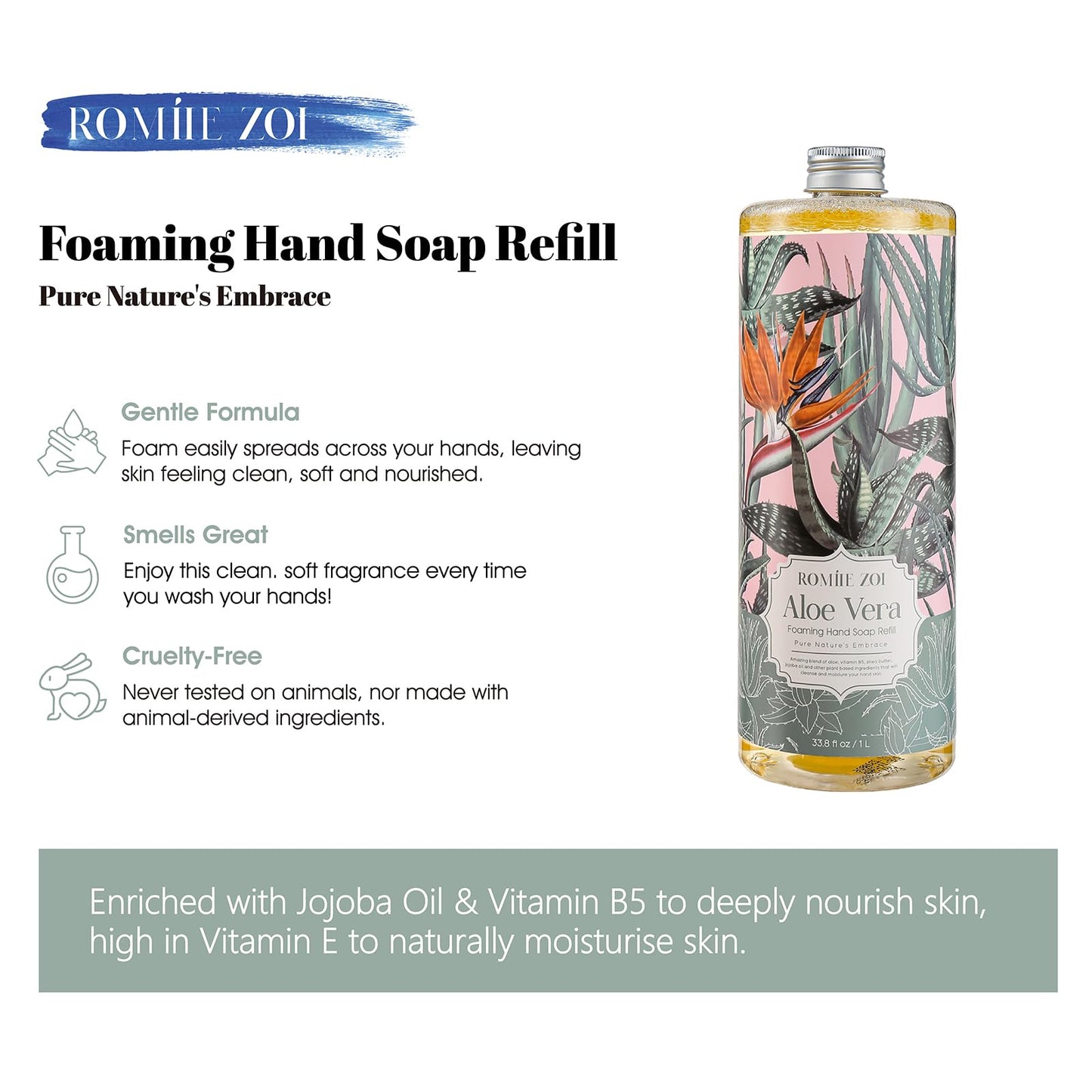 ROMIIE ZOI Foaming Hand Soap Refill, Gentle & Moisturizing Formula, 1 L/ 33.8 FL OZ - Variety Pack of 3(Milk & Honey,Eucalyptus & Mint,Honey & Almond)