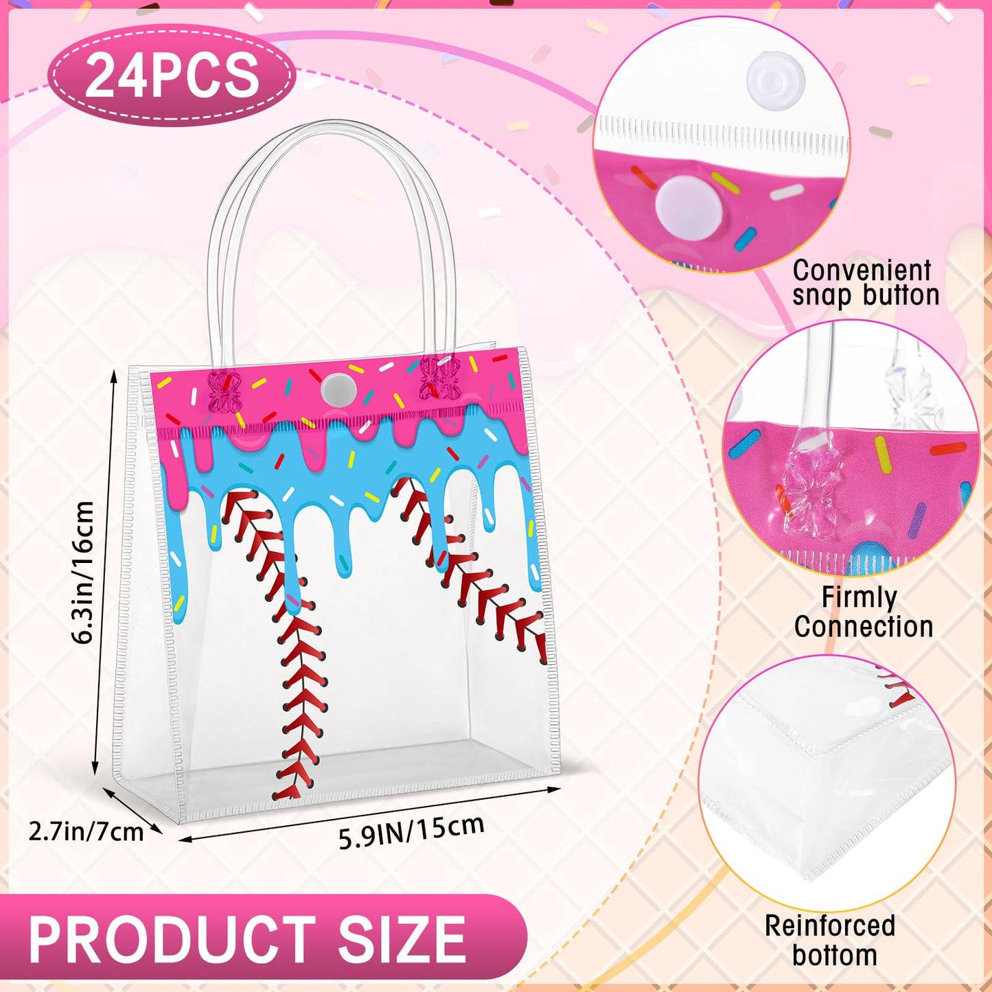 Kolldenn 24 Pcs Baseball Ice Cream Drip Party Favors Clear PVC Gift Bags Baseball Birthday Ice Cream Drip Goodie Snack Treat Bags with Handles for Sport Team Party Supply 6.3 x 5.9 x 3 Inches