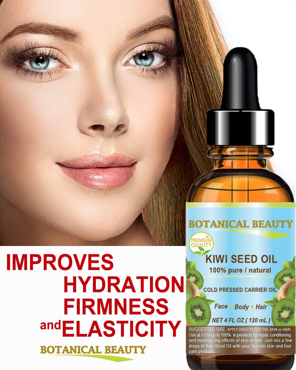 Botanical Beauty KIWI SEED OIL. 100% Pure Natural Undiluted Virgin Cold Pressed Carrier Oil for Face, Skin, Body, Hair, Nail Care (1 Fl Oz)