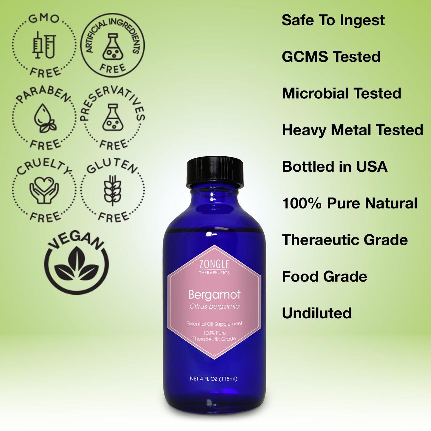 Bergamot Essential Oil, Food Grade, for Tea – 100% Pure, Bergamot Oil, by Zongle Therapeutics, 4 OZ