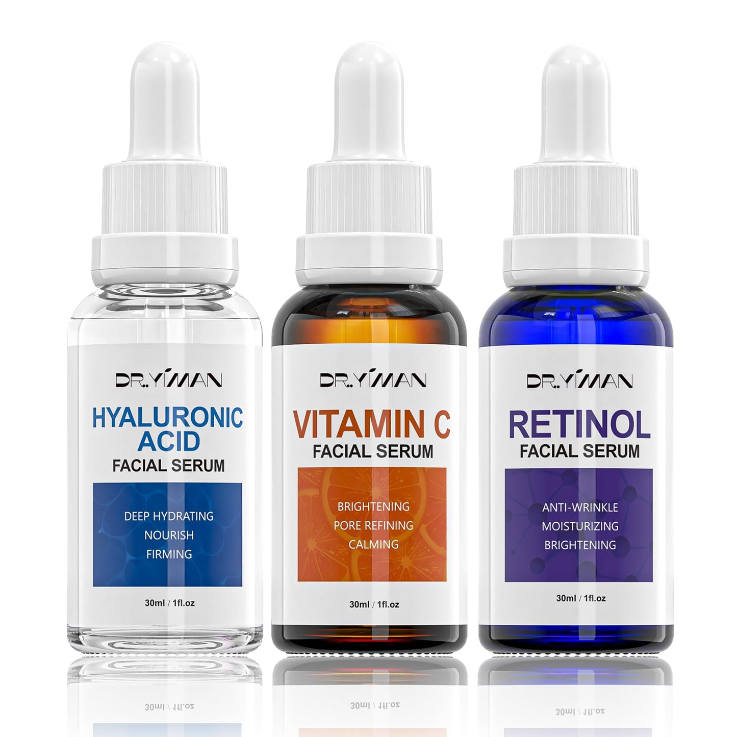 Anti-Aging Facial Serum Set - Vitamin C, Retinol & Hyaluronic Acid Serum Set for Skin Radiance and Moisture, 1 Fl Oz (Pack of 3)